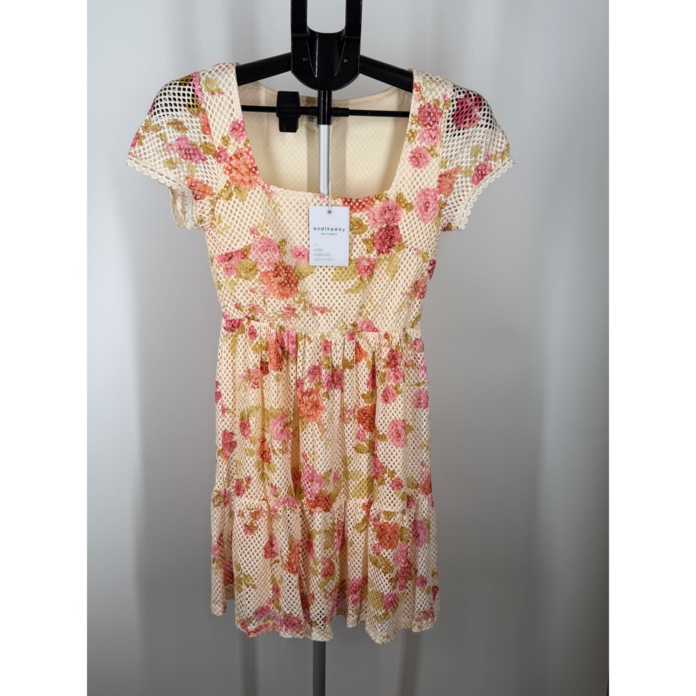 Andthewhy California Floral Mesh Mini Dress Pink Orange Square Neck Lace Trim S